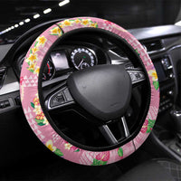Hawaiian Leis Steering Wheel Cover Kakau Tattoos and Palaka Pastel Pink Color