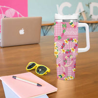 Hawaiian Leis Tumbler With Handle Kakau Tattoos and Palaka Pastel Pink Color