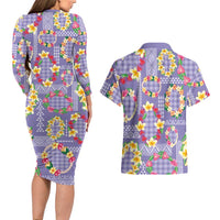Hawaiian Leis Couples Matching Long Sleeve Bodycon Dress and Hawaiian Shirt Kakau Tattoos and Palaka Pastel Purple Color LT03 - Polynesian Pride