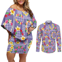 Hawaiian Leis Couples Matching Off Shoulder Short Dress and Long Sleeve Button Shirt Kakau Tattoos and Palaka Pastel Purple Color LT03 Purple - Polynesian Pride