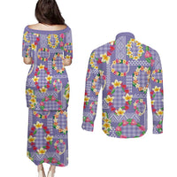 Hawaiian Leis Couples Matching Puletasi and Long Sleeve Button Shirt Kakau Tattoos and Palaka Pastel Purple Color LT03 - Polynesian Pride