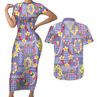 Hawaiian Leis Couples Matching Short Sleeve Bodycon Dress and Hawaiian Shirt Kakau Tattoos and Palaka Pastel Purple Color LT03 Purple - Polynesian Pride
