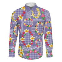 Hawaiian Leis Family Matching Off The Shoulder Long Sleeve Dress and Hawaiian Shirt Kakau Tattoos and Palaka Pastel Purple Color LT03 Dad's Shirt - Long Sleeve Purple - Polynesian Pride