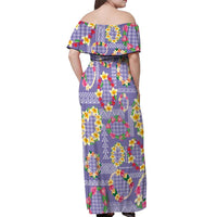Hawaiian Leis Off Shoulder Maxi Dress Kakau Tattoos and Palaka Pastel Purple Color LT03 - Polynesian Pride