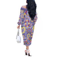 Hawaiian Leis Off The Shoulder Long Sleeve Dress Kakau Tattoos and Palaka Pastel Purple Color LT03 - Polynesian Pride