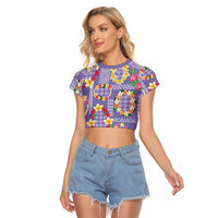 Hawaiian Leis Raglan Cropped T Shirt Kakau Tattoos and Palaka Pastel Purple Color LT03 Female Purple - Polynesian Pride