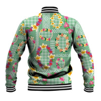 Hawaiian Leis Baseball Jacket Kakau Tattoos and Palaka Pastel Green Color