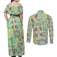 Hawaiian Leis Couples Matching Off Shoulder Maxi Dress and Long Sleeve Button Shirt Kakau Tattoos and Palaka Pastel Green Color LT03 - Polynesian Pride