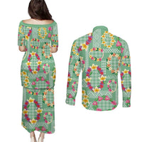 Hawaiian Leis Couples Matching Puletasi and Long Sleeve Button Shirt Kakau Tattoos and Palaka Pastel Green Color LT03 - Polynesian Pride