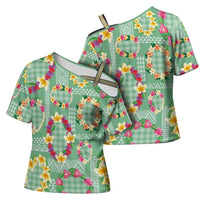 Hawaiian Leis Cross Shoulder Shirt Kakau Tattoos and Palaka Pastel Green Color