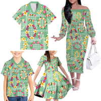 Hawaiian Leis Family Matching Off The Shoulder Long Sleeve Dress and Hawaiian Shirt Kakau Tattoos and Palaka Pastel Green Color LT03 - Polynesian Pride