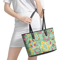 Hawaiian Leis Leather Tote Bag Kakau Tattoos and Palaka Pastel Green Color