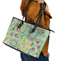 Hawaiian Leis Leather Tote Bag Kakau Tattoos and Palaka Pastel Green Color