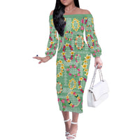Hawaiian Leis Off The Shoulder Long Sleeve Dress Kakau Tattoos and Palaka Pastel Green Color LT03 Women Green - Polynesian Pride