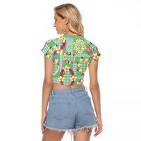 Hawaiian Leis Raglan Cropped T Shirt Kakau Tattoos and Palaka Pastel Green Color LT03 - Polynesian Pride