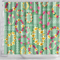 Hawaiian Leis Shower Curtain Kakau Tattoos and Palaka Pastel Green Color