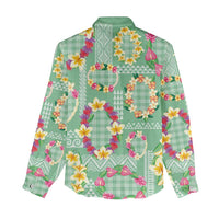 Hawaiian Leis Women Casual Shirt Kakau Tattoos and Palaka Pastel Green Color LT03 - Polynesian Pride