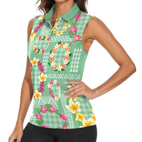 Hawaiian Leis Women Sleeveless Polo Shirt Kakau Tattoos and Palaka Pastel Green Color LT03 - Polynesian Pride