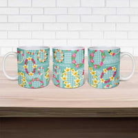 Hawaiian Leis Ceramic Mug Kakau Tattoos and Palaka Pastel Teal Color