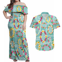 Hawaiian Leis Couples Matching Off Shoulder Maxi Dress and Hawaiian Shirt Kakau Tattoos and Palaka Pastel Teal Color LT03 Teal - Polynesian Pride