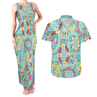 Hawaiian Leis Couples Matching Tank Maxi Dress and Hawaiian Shirt Kakau Tattoos and Palaka Pastel Teal Color LT03 Teal - Polynesian Pride