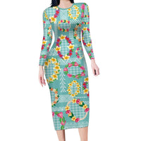 Hawaiian Leis Family Matching Long Sleeve Bodycon Dress and Hawaiian Shirt Kakau Tattoos and Palaka Pastel Teal Color LT03 Mom's Dress Teal - Polynesian Pride