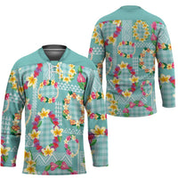 Hawaiian Leis Hockey Jersey Kakau Tattoos and Palaka Pastel Teal Color