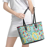 Hawaiian Leis Leather Tote Bag Kakau Tattoos and Palaka Pastel Teal Color