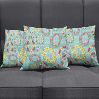 Hawaiian Leis Pillow Cover Kakau Tattoos and Palaka Pastel Teal Color