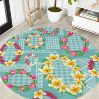 Hawaiian Leis Round Carpet Kakau Tattoos and Palaka Pastel Teal Color