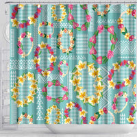 Hawaiian Leis Shower Curtain Kakau Tattoos and Palaka Pastel Teal Color