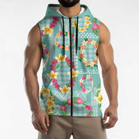 Hawaiian Leis Sleeveless Zip Hoodie Kakau Tattoos and Palaka Pastel Teal Color LT03 - Polynesian Pride