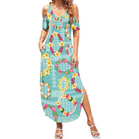 Hawaiian Leis Summer Maxi Dress Kakau Tattoos and Palaka Pastel Teal Color