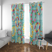 Hawaiian Leis Window Curtain Kakau Tattoos and Palaka Pastel Teal Color