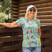 Hawaiian Leis Women Polo Shirt Kakau Tattoos and Palaka Pastel Teal Color LT03 - Polynesian Pride