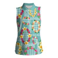 Hawaiian Leis Women Sleeveless Polo Shirt Kakau Tattoos and Palaka Pastel Teal Color LT03 Female Teal - Polynesian Pride