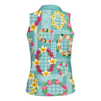 Hawaiian Leis Women Sleeveless Polo Shirt Kakau Tattoos and Palaka Pastel Teal Color LT03 - Polynesian Pride