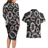 Hawaiian Leis Couples Matching Long Sleeve Bodycon Dress and Hawaiian Shirt Kakau Tattoos and Palaka Pastel Grayscale LT03 - Polynesian Pride