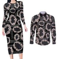 Hawaiian Leis Couples Matching Long Sleeve Bodycon Dress and Long Sleeve Button Shirt Kakau Tattoos and Palaka Pastel Grayscale LT03 Black - Polynesian Pride