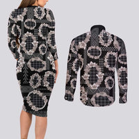 Hawaiian Leis Couples Matching Long Sleeve Bodycon Dress and Long Sleeve Button Shirt Kakau Tattoos and Palaka Pastel Grayscale LT03 - Polynesian Pride