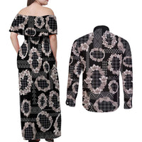 Hawaiian Leis Couples Matching Off Shoulder Maxi Dress and Long Sleeve Button Shirt Kakau Tattoos and Palaka Pastel Grayscale LT03 - Polynesian Pride