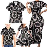 Hawaiian Leis Family Matching Short Sleeve Bodycon Dress and Hawaiian Shirt Kakau Tattoos and Palaka Pastel Grayscale LT03 - Polynesian Pride