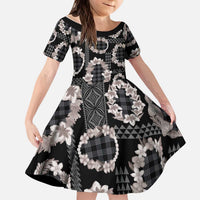 Hawaiian Leis Kid Short Sleeve Dress Kakau Tattoos and Palaka Pastel Grayscale