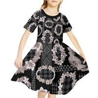 Hawaiian Leis Kid Short Sleeve Dress Kakau Tattoos and Palaka Pastel Grayscale