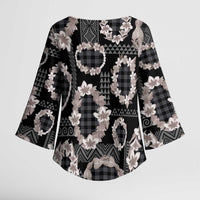 Hawaiian Leis Kimono Sleeve Blouse Kakau Tattoos and Palaka Pastel Grayscale