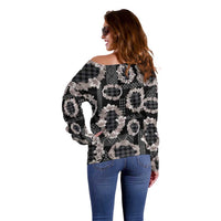 Hawaiian Leis Off Shoulder Sweater Kakau Tattoos and Palaka Pastel Grayscale