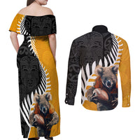 New Zealand and Australia Rugby Couples Matching Off Shoulder Maxi Dress and Long Sleeve Button Shirt Koala and Maori Warrior Together LT03 - Polynesian Pride