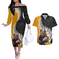 New Zealand and Australia Rugby Couples Matching Off The Shoulder Long Sleeve Dress and Hawaiian Shirt Koala and Maori Warrior Together LT03 Black - Polynesian Pride
