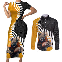 New Zealand and Australia Rugby Couples Matching Short Sleeve Bodycon Dress and Long Sleeve Button Shirt Koala and Maori Warrior Together LT03 Black - Polynesian Pride
