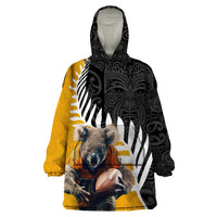 New Zealand and Australia Rugby Wearable Blanket Hoodie Koala and Maori Warrior Together LT03 One Size Black - Polynesian Pride